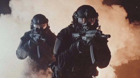 Two special forces operators aiming their assault rifles while advancing through smokeの素材