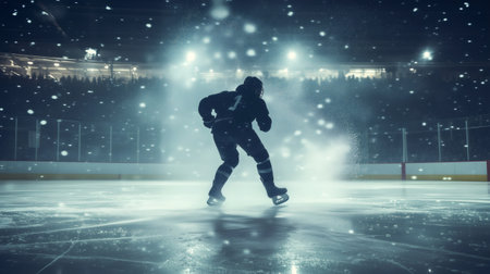 Professional ice hockey player skating during snowfall in a brightly lit stadium at nightの素材