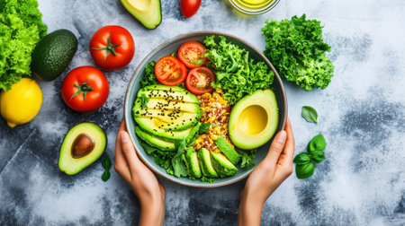Hands holding a vibrant and healthy vegan buddha bowl, filled with fresh ingredients like avocado, tomatoes, lettuce, and quinoa, promoting a balanced and nutritious mealの素材