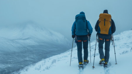 Two mountaineers are trekking on a snowy mountain slope during a challenging winter expeditionの素材