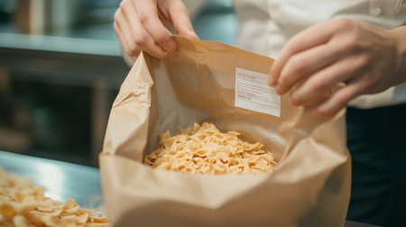 Professional chef carefully opening a paper bag of fresh pasta in a commercial kitchen, ready to prepare a delicious italian dishの素材