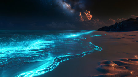 Glowing blue bioluminescent phytoplankton illuminating ocean waves washing ashore a sandy beach at night under a starry skyの素材