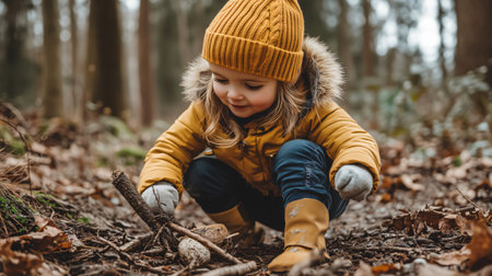 Young girl wearing warm winter clothes is crouching in the forest picking up sticksの素材