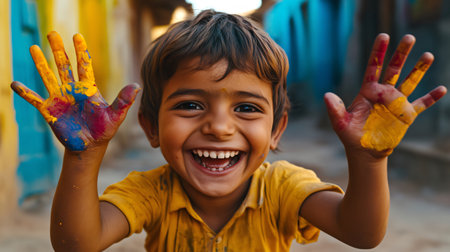 Portrait of a cheerful kid showing his colorful painted handsの素材