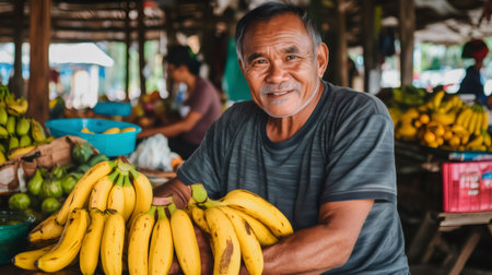 Cheerful elderly man selling bananas at traditional asian marketの素材