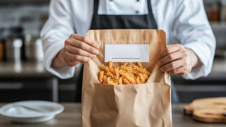 Chef presenting a paper bag of fusilli pasta with a blank label in a commercial kitchenの素材