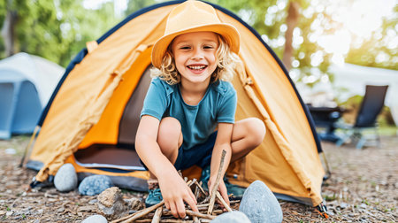 Smiling young boy wearing a yellow hat is crouching in front of a tent, gathering sticks for a campfireの素材