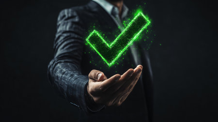 Businessman is holding a green glowing check mark symbol over his open handの素材