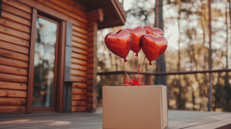 Red heart shaped balloons coming out of a cardboard box placed on the wooden porch of a log cabin in a forest, a romantic surprise giftの素材