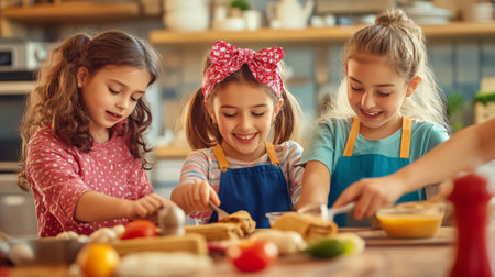 Three cheerful children are happily preparing a meal together in a kitchen full of fresh ingredientsの素材