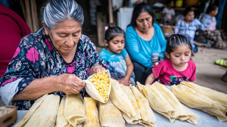 Grandmother is carefully putting corn into tamale dough as her family watches and helps her in their kitchenの素材