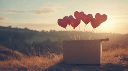 Red heart shaped balloons floating out of a cardboard box in a field with hills in the background during a beautiful sunsetの素材