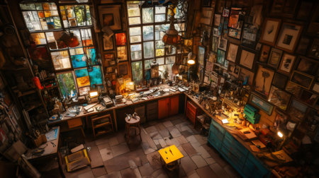 High angle view of an artist workshop full of paintings, tools, and equipment, showcasing a vibrant and creative atmosphereの素材