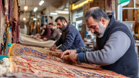 Skilled artisans working on a detailed oriental carpet, showcasing the intricate process of carpet restoration in a traditional workshopの素材