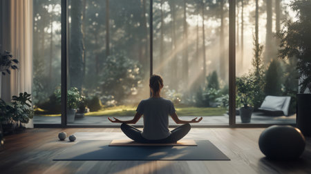 Woman is practicing yoga in her modern home gym, enjoying the natural light and the view of the forestの素材