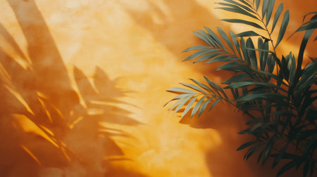 Tropical palm leaves casting shadows on a vibrant orange wall, creating a summery and exotic atmosphereの素材