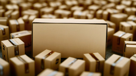 Many cardboard boxes and one large box with space for text or logo, return and delivery conceptの素材