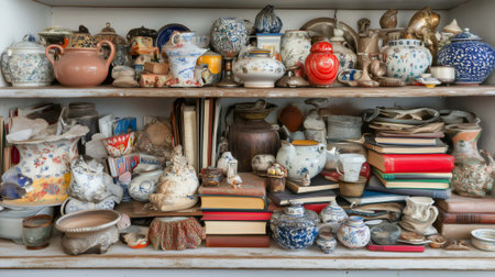 Wooden shelves holding an assortment of vintage chinaware, books, and other collectibles, creating a nostalgic and cluttered displayの素材