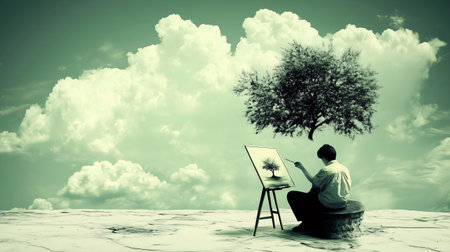 Young artist painting a tree on canvas in a surreal landscape with cloudy skyの素材