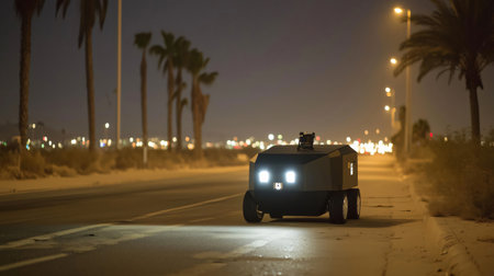 Bomb disposal robot approaching a suspicious package at night on a streetの素材