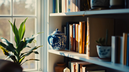 Cozy home library with books, houseplants, and decorative ceramic teapot, illuminated by natural sunlightの素材