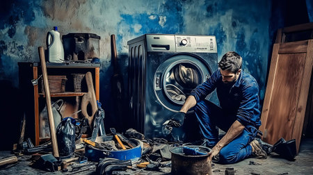 Repairman inspecting a broken washing machine surrounded by tools in a messy workshopの素材