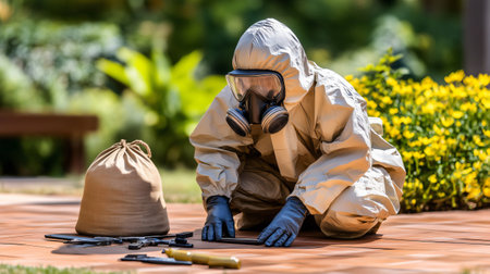 Bomb squad technician wearing hazmat suit and gas mask examining suspicious bag outdoorsの素材