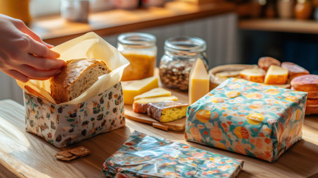 Beeswax food wraps storing bread, cheese and snacks on wooden table in cozy kitchenの素材