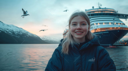 Tourist enjoying Alaskan cruise at sunset with seagulls and snowy mountains in backgroundの素材