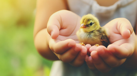 Kid holding a small chick in open hands, showing care and love for animalsの素材