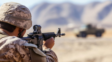 Soldier practicing target shooting with assault rifle, aiming at military vehicle in desert environment during training exerciseの素材