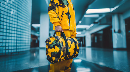 Dancer is holding camouflage sports bag in hallway while wearing yellow tracksuitの素材
