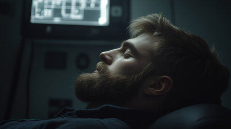 Male patient with a beard is lying down with his eyes closed, receiving ultrasound therapy from a physiotherapistの素材