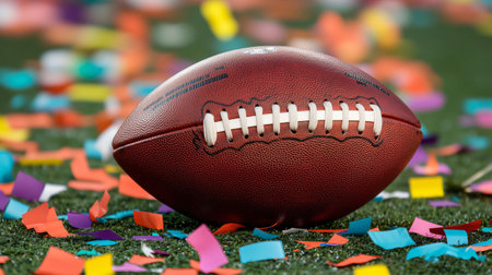 American football lying on the ground covered with confetti after the championship gameの素材