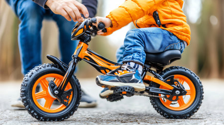 Father is carefully holding the handlebars as his son learns to ride a balance bike outdoorsの素材