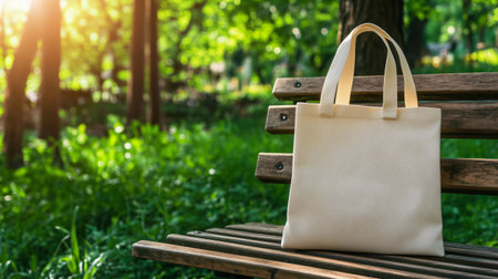 White tote bag is sitting on a park bench on a sunny dayの素材