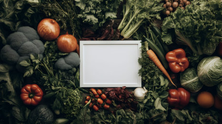 Fresh colorful vegetables surrounding a white frame, ideal for promoting healthy eating habits and vegetarian or vegan lifestylesの素材