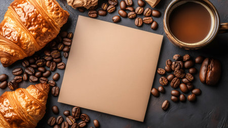 Freshly baked croissants and coffee cup on dark background with coffee beans surrounding blank paperの素材