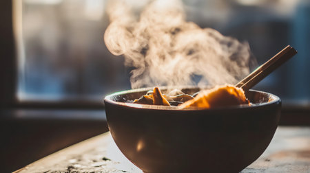 Steaming bowl of soup sits on a table by a window, ready to be enjoyed with chopsticksの素材