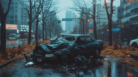 Wrecked car with severe damage sits on a rainy city street, highlighting the aftermath of a serious traffic accidentの素材