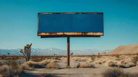 Empty billboard in a deserted landscape with mountains, offering advertising space and symbolizing opportunity or potentialの素材