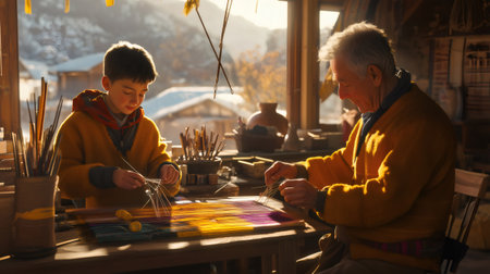 Grandfather and grandson working together, creating colorful textiles in a cozy workshop, passing down knowledge and preserving cultural heritageの素材