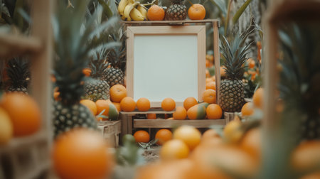 Wooden frame displaying a blank white canvas is surrounded by a colorful assortment of fresh tropical fruits, creating a vibrant and inviting sceneの素材
