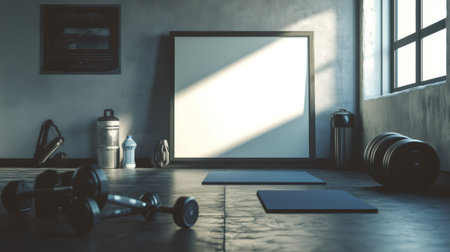 Home gym interior with a blank frame, fitness accessories, weights, mats and water bottleの素材