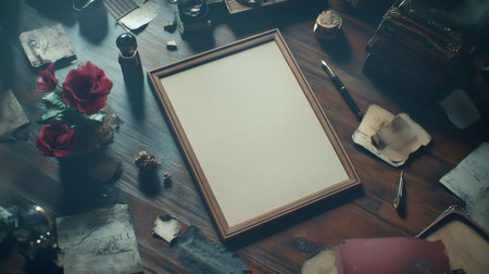 Wooden table with vintage frame mockup, old letters, roses and stationery, perfect for showcasing artwork or photosの素材