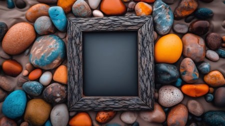 Empty dark frame lies on colorful rocks and sand, offering a space for text or image against a natural backdropの素材
