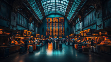Passengers checking in for their flights at a busy airport terminal, with suitcases and departure boards displaying flight informationの素材