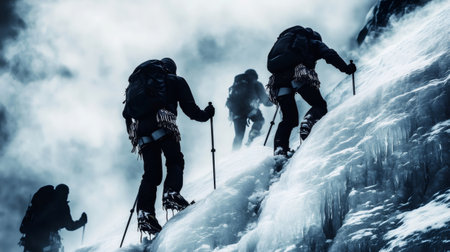 Climbers using ice axes and crampons ascending snowy mountain during winter expeditionの素材