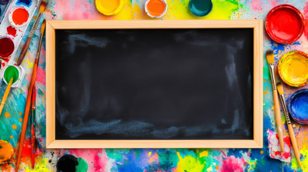 Empty blackboard with wooden frame surrounded by colorful watercolor cans, paintbrushes and sponge on a multicolored backdrop, ideal for artistic and creative conceptsの素材