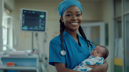 Young nurse smiling while holding newborn baby in hospital roomの素材